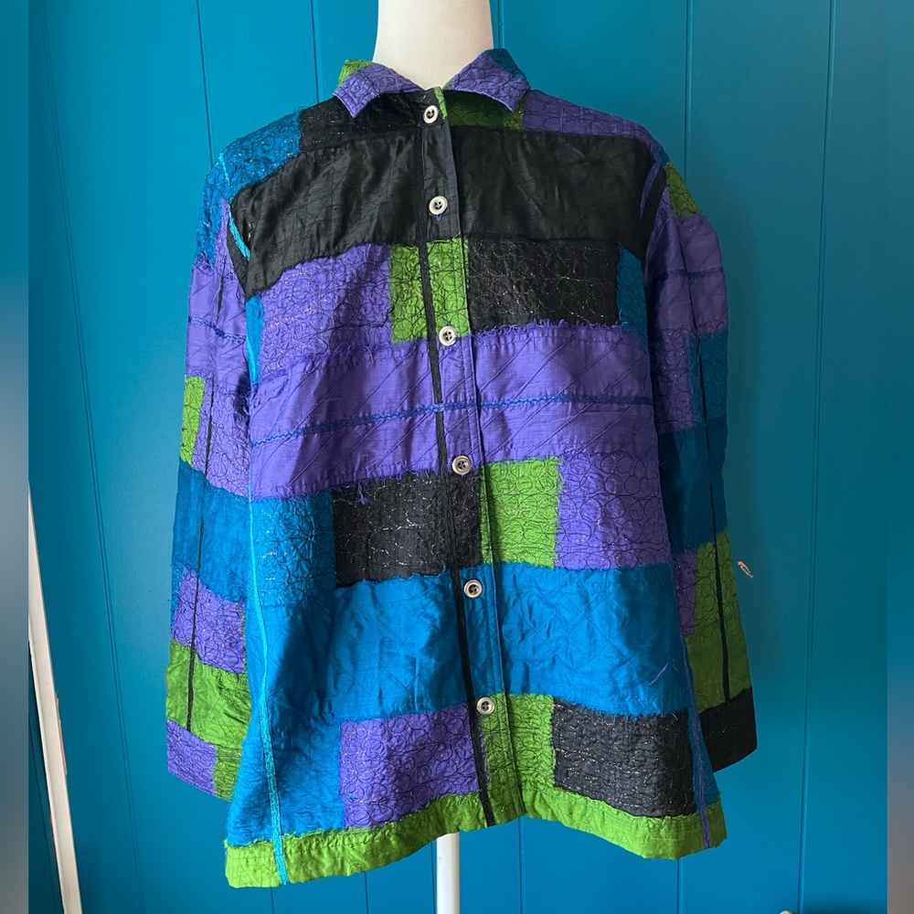 Easy Spirit Silk-Lined Shacket with Bright Blue, Purple & Green Accents